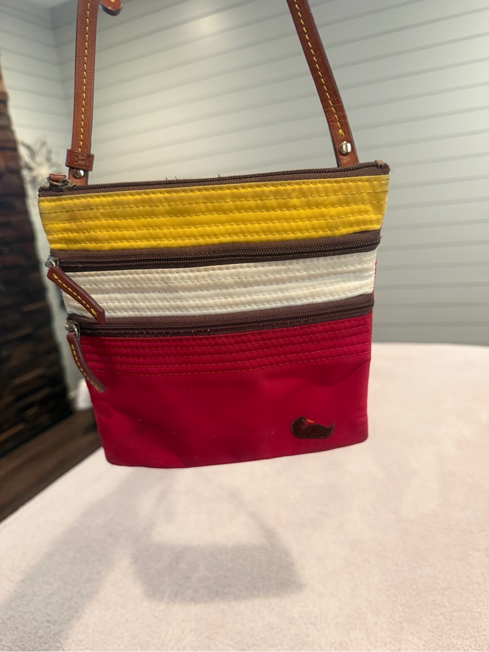 Dooney & Bourke Yellow, White & Red Striped Crossbody Bag! Needs to be cleaned.